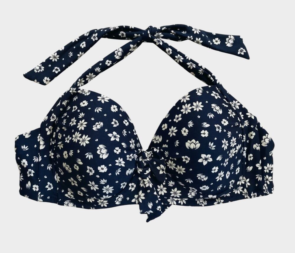 Liz Claiborne Womens XXL Navy Blue White Floral Padded Bikini Top